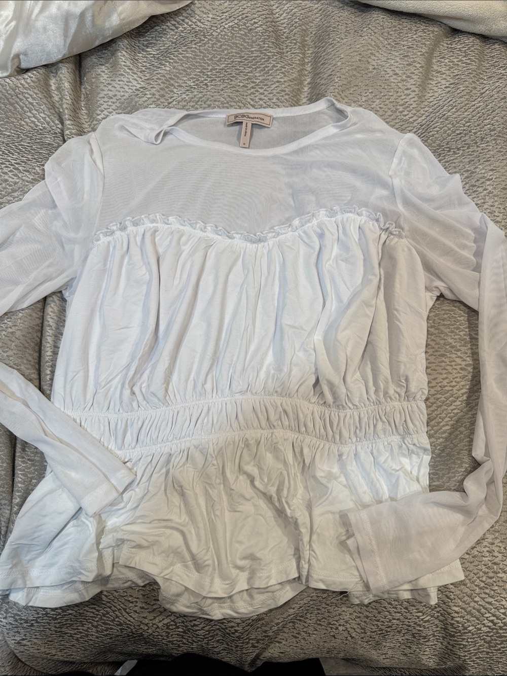 BCBGeneration White Long Sleeve Ruffle Peplum Blouse
